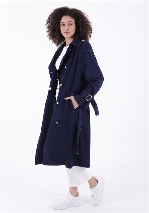 Kruvaze Yaka Kemerli Oversize Uzun Trençkot