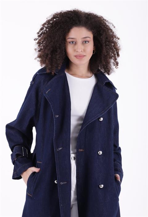 Kruvaze Yaka Kemerli Oversize Uzun Trençkot