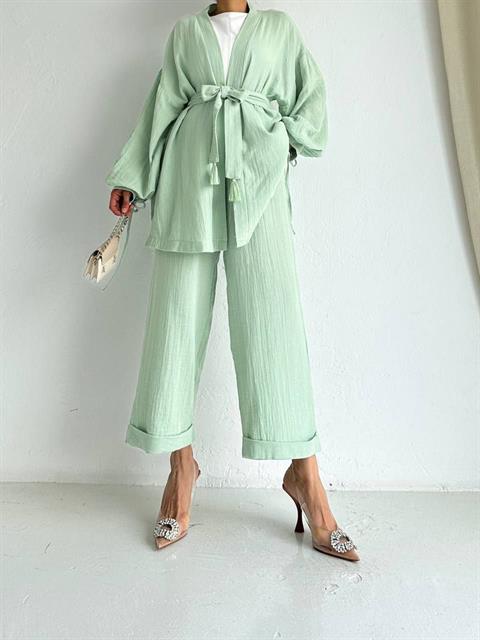 Sash Detailed Kimono&Pants Double Set