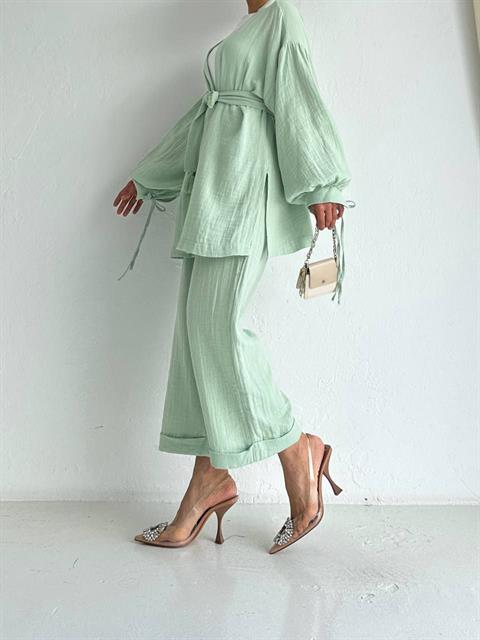 Sash Detailed Kimono&Pants Double Set