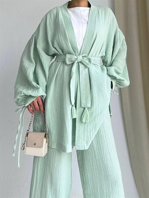 Sash Detailed Kimono&Pants Double Set