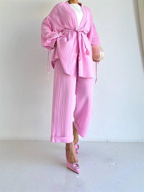 Sash Detailed Kimono&Pants Double Set