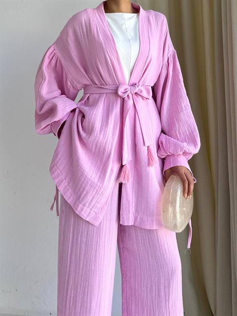 Sash Detailed Kimono&Pants Double Set