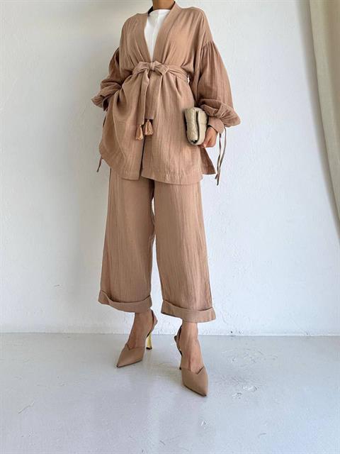 Sash Detailed Kimono&Pants Double Set