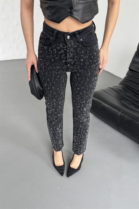 Leopar Taşlı Mom Fit Kot Pantolon
