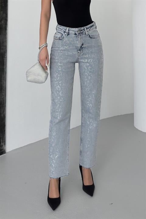 Leopar Taşlı Mom Fit Kot Pantolon