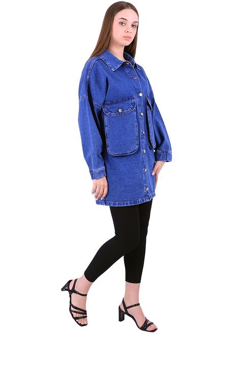 Long Balloon Denim Jacket with Pocket Dark Blue Denim (S-L-5)