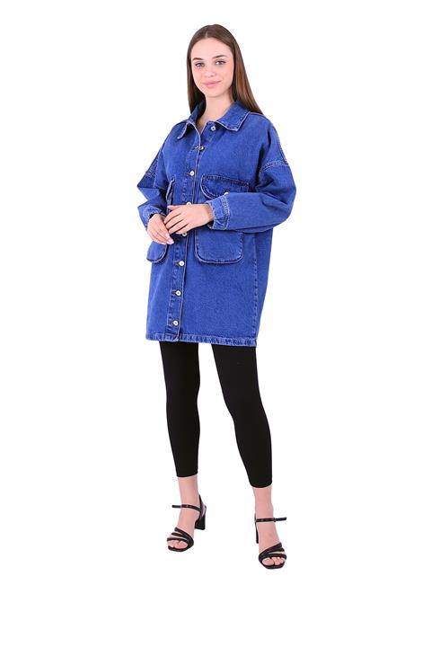 Long Balloon Denim Jacket with Pocket Dark Blue Denim (S-L-5)