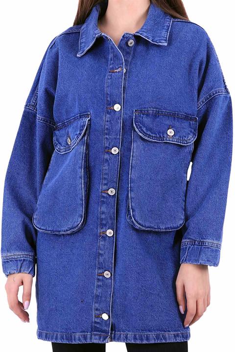 Long Balloon Denim Jacket with Pocket Dark Blue Denim (S-L-5)