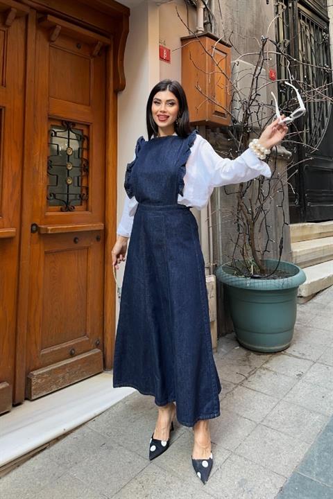 Omuzu Volanlı Fermuarlı Kot Elbise