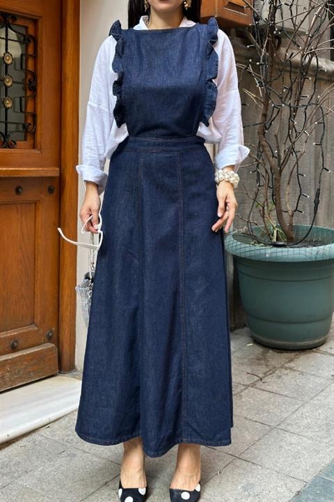 Omuzu Volanlı Fermuarlı Kot Elbise