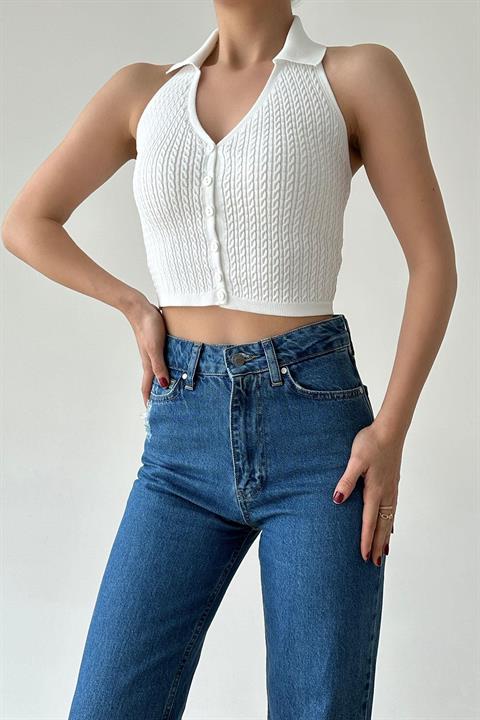 Saç Örgü Crop Bluz - Beyaz