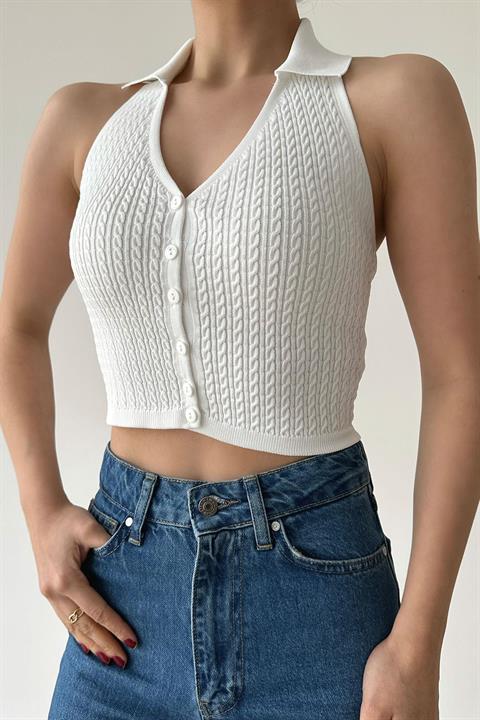 Saç Örgü Crop Bluz - Beyaz