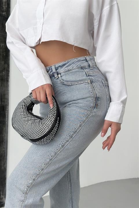 Şerit Taşlı Mom Fit Kot Pantolon
