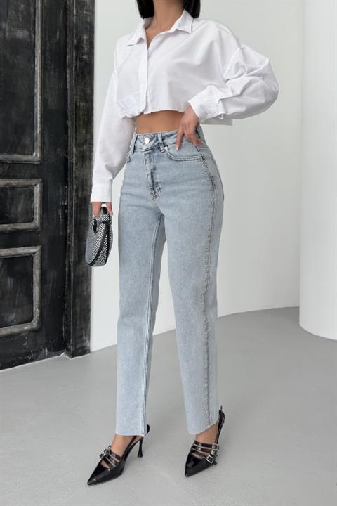 Şerit Taşlı Mom Fit Kot Pantolon