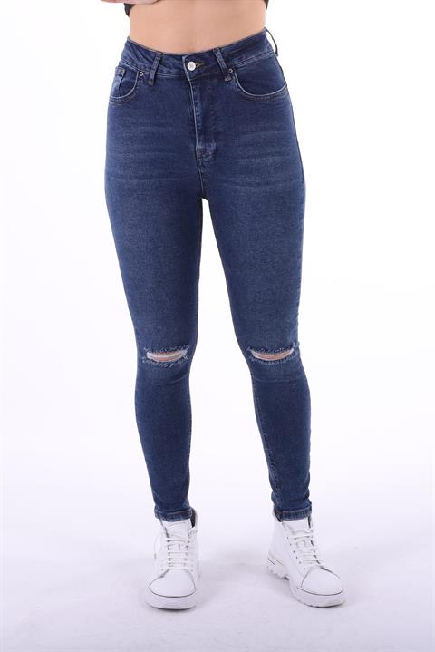 Skinny Jean with Tears on Knees Dark Blue Denim Dark Blue Denim (28-33)