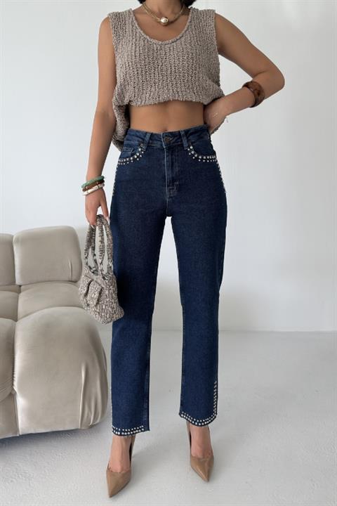 Taşlı Mom Fit Kot Pantolon