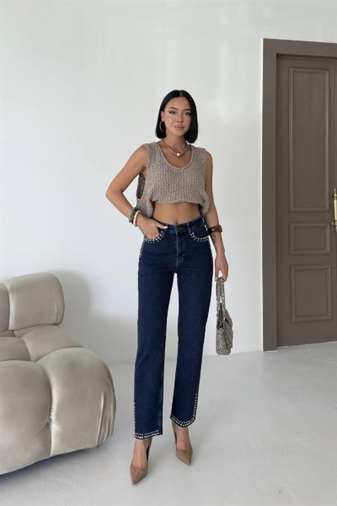 Taşlı Mom Fit Kot Pantolon