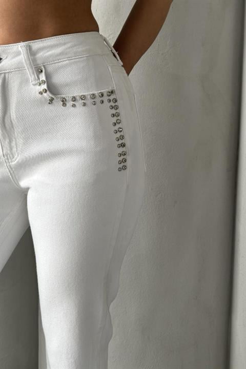 Taşlı Mom Fit Kot Pantolon