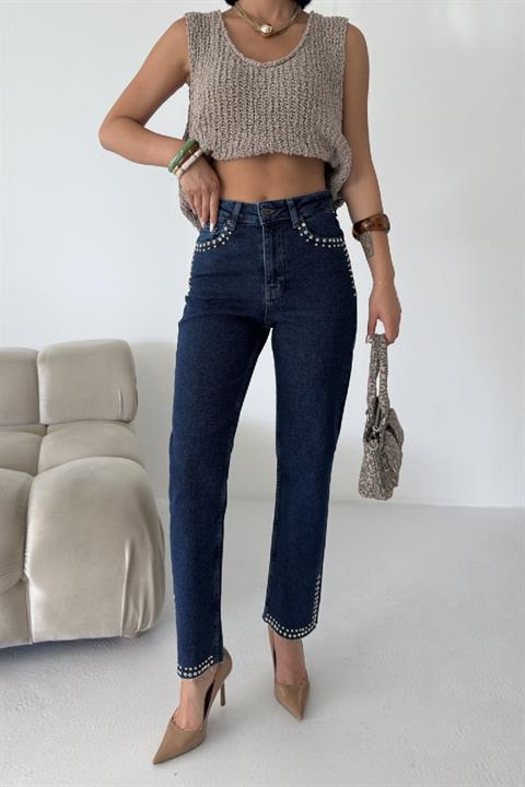 Taşlı Mom Fit Kot Pantolon