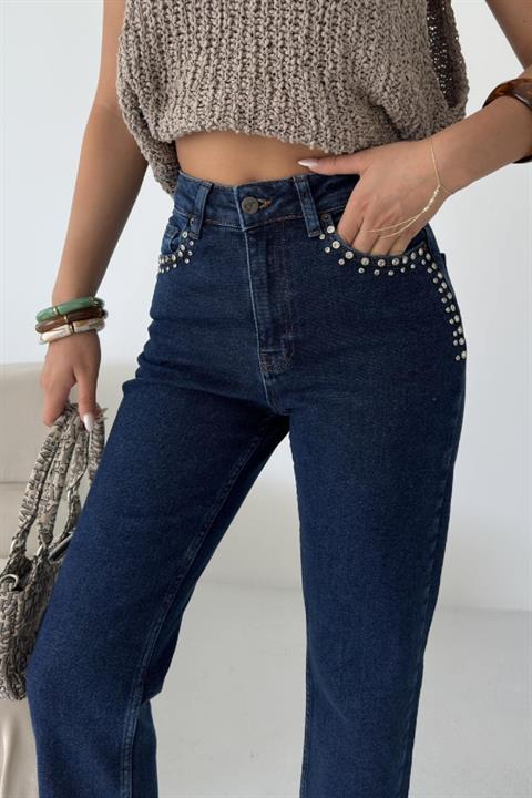 Taşlı Mom Fit Kot Pantolon