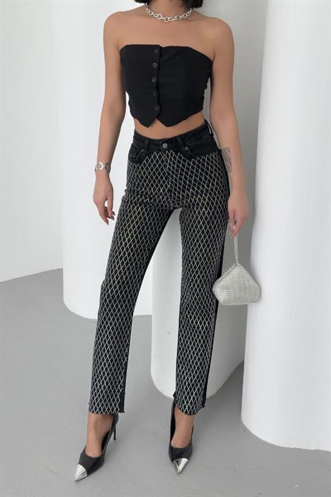 Taşlı Mom Fit Kot Pantolon