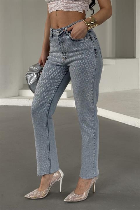 Taşlı Mom Fit Kot Pantolon
