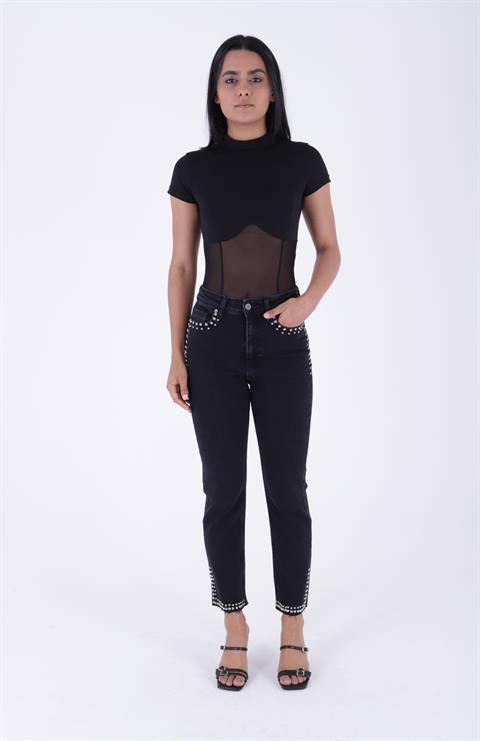 Taşlı Mom Fit Kot Pantolon