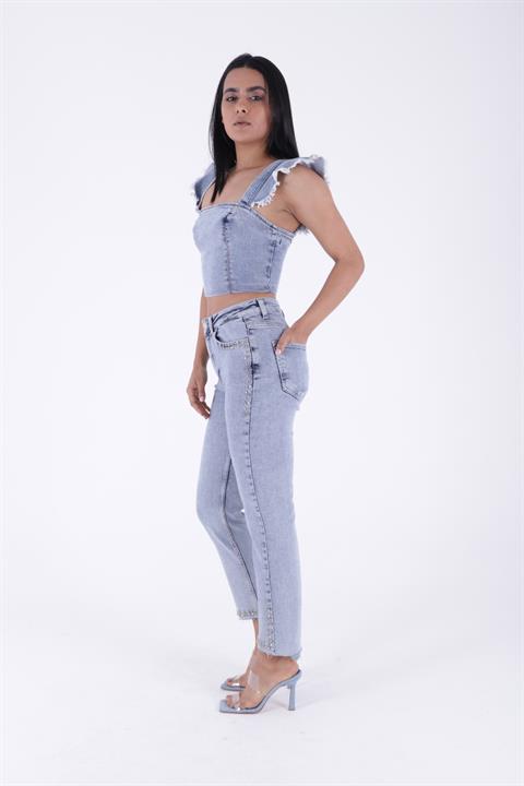 Taşlı Mom Fit Kot Pantolon