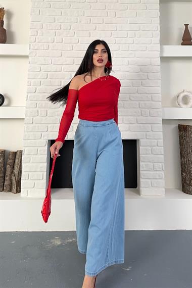 Arkası Lastikli Bol Paça Pantolon