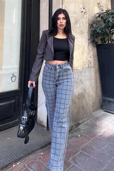 Armürlü Kareli Bol Paça Jean