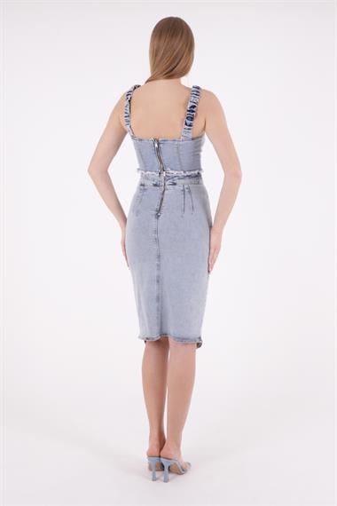 Asymmetric Medium Denim Skirt with Front Darts and Side Slit Snow Light Blue (S-XL-6)