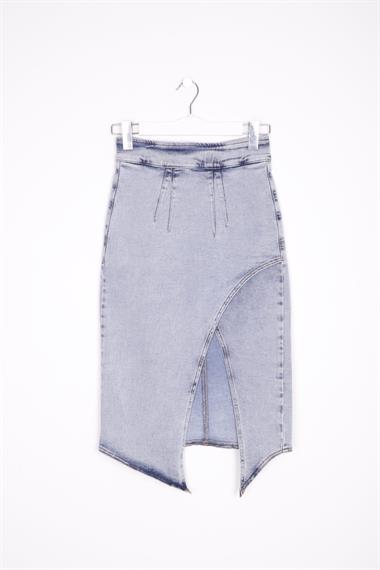 Asymmetric Medium Denim Skirt with Front Darts and Side Slit Snow Light Blue (S-XL-6)