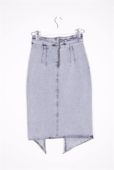 Asymmetric Medium Denim Skirt with Front Darts and Side Slit Snow Light Blue (S-XL-6)