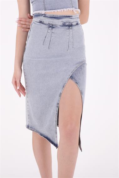 Asymmetric Medium Denim Skirt with Front Darts and Side Slit Snow Light Blue (S-XL-6)