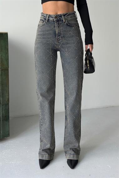 Baklava Desenli Taşlı Kot Pantolon