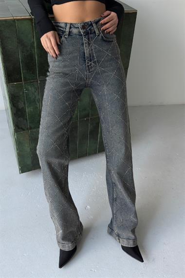 Baklava Desenli Taşlı Kot Pantolon