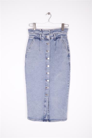 Beli Pileli Önü Düğmeli Aksesuarlı Etek