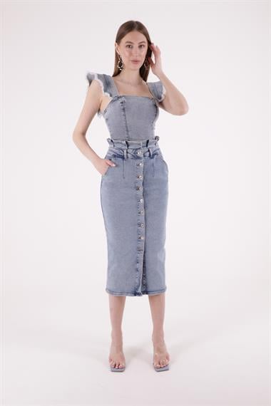 Beli Pileli Önü Düğmeli Aksesuarlı Etek