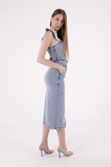 Beli Pileli Önü Düğmeli Aksesuarlı Etek