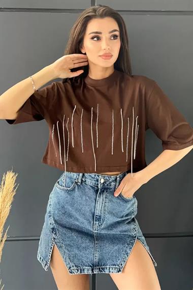 Bisiklet Yaka Taş İşlemeli Oversize Crop Top Bluz