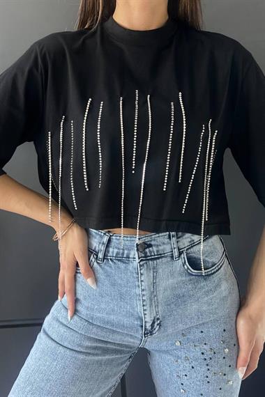 Bisiklet Yaka Taş İşlemeli Oversize Crop Top Bluz