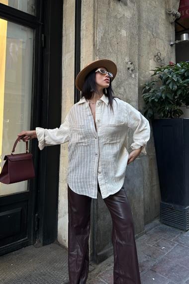 Çizgi Garnili Oversize Gömlek