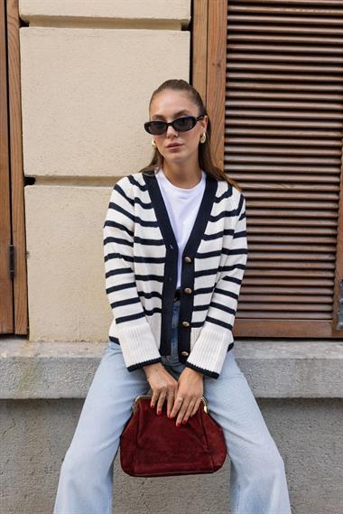 Cardigan with Stripes and Side Slits and Gold Button Detail