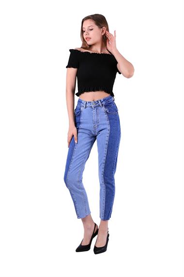 Dikişli Çift Renkli Mom Kot Pantolon