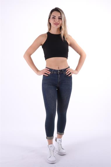 Double Folded Bottom High Waisted Skinny Short Jean Dark Tinted Denim Dark Tinted Denim (26-31)