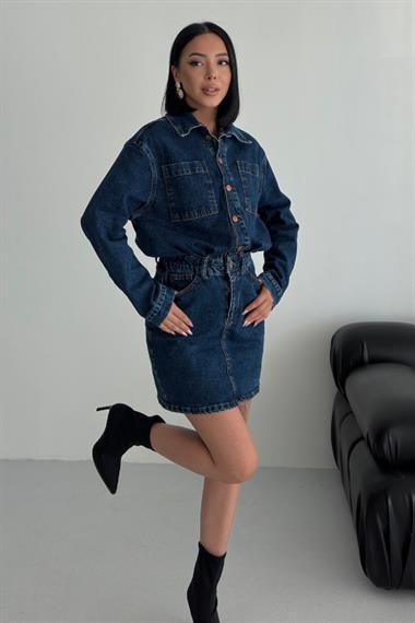 Düğmeli Mini Kot Elbise