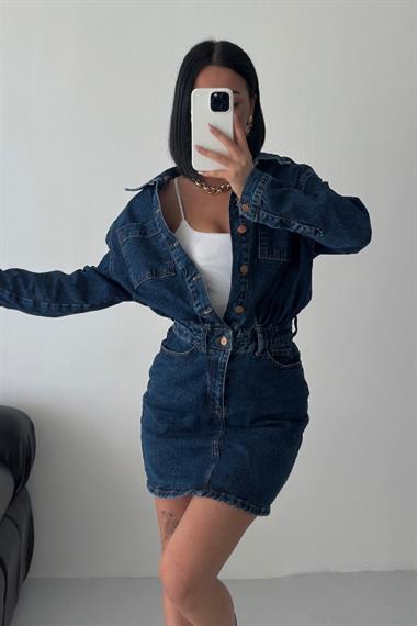 Düğmeli Mini Kot Elbise