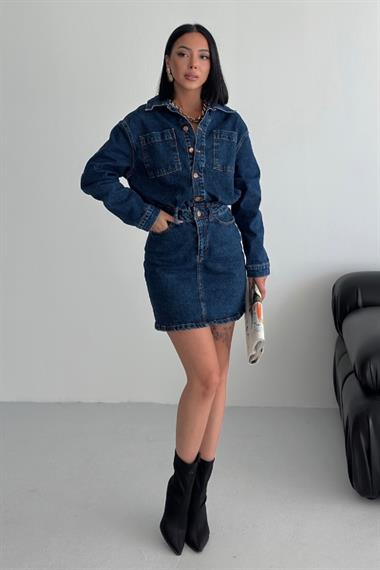 Düğmeli Mini Kot Elbise