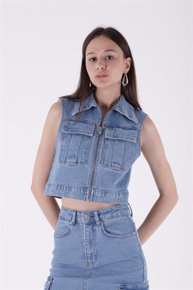 Fermuarlı Mini Kot Yelek